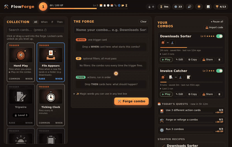 Demo: recipe, forge, Play, level up, card pack
