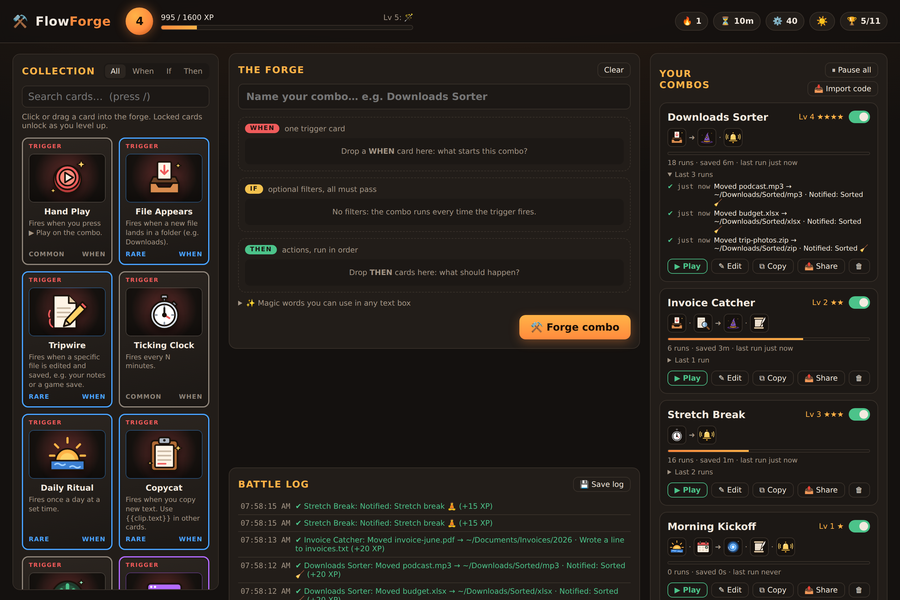 FlowForge: card collection, the forge, your combos and the battle log